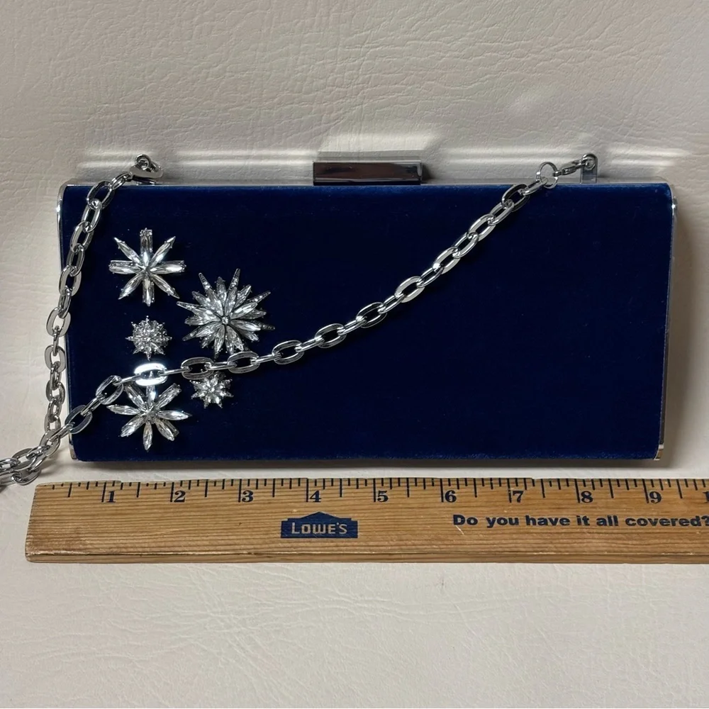 White House Black Market Royal Blue Velvet Clutch with Glass Crystal Flowers - Picture 6 of 7